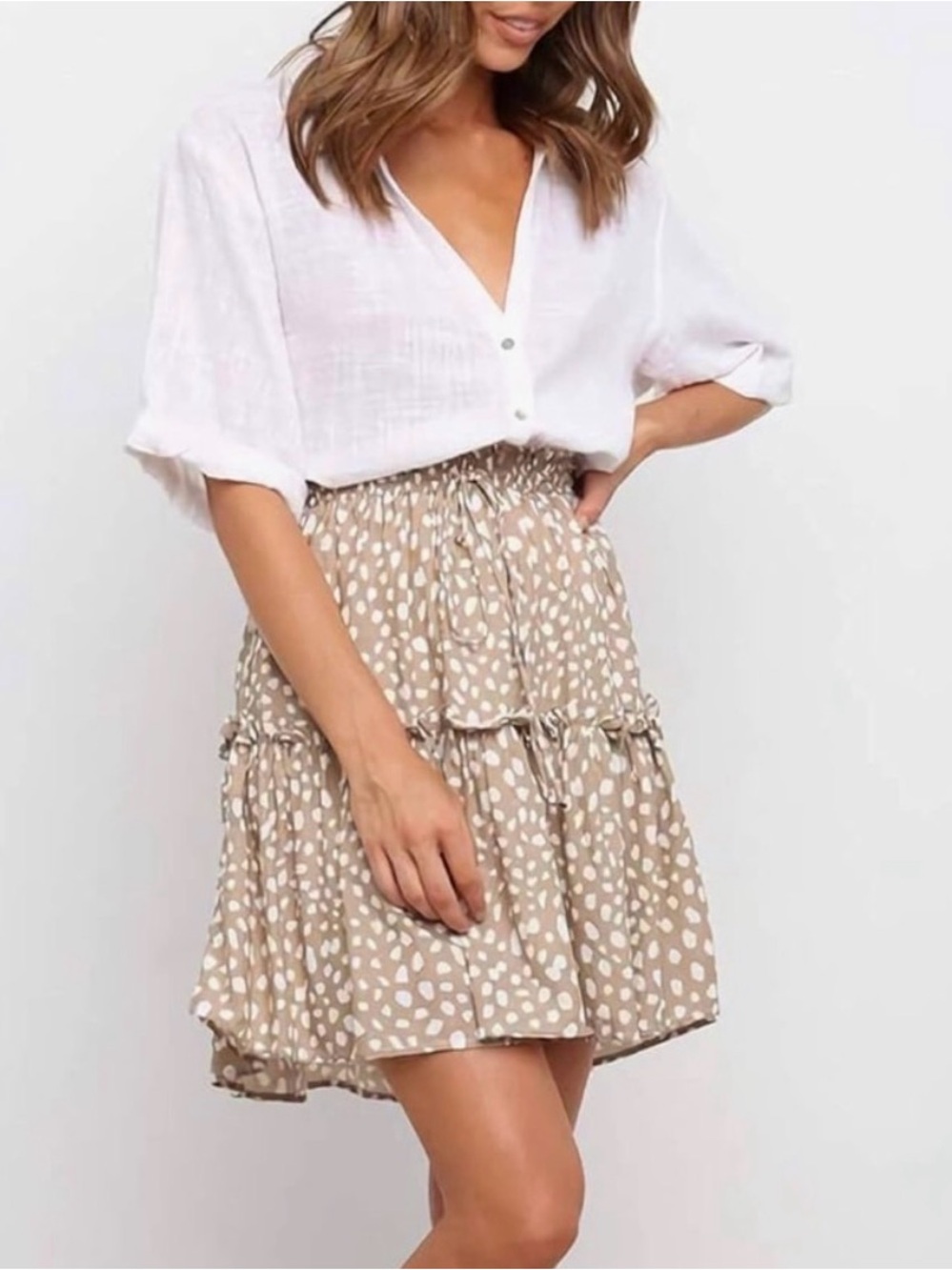 Tiered Beige Spot Print Skirt